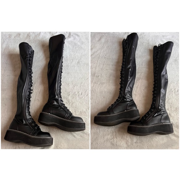 Demonia Emily 375 Stretch Vegan Leather Platform Lace-Up Thigh High 24-Eye Boots - Picture 5 of 16